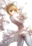  1girl ahoge ass blonde_hair bodysuit bouquet bridal_veil fate/extra fate/extra_ccc fate_(series) flower green_eyes highres looking_at_viewer looking_back saber_bride saber_extra smile solo veil white_background 