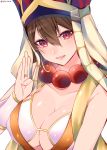  1girl beads black_hair blush breasts cleavage earrings fate/grand_order fate_(series) hair_between_eyes hat jewelry large_breasts long_hair looking_at_viewer necklace prayer_beads shisei_(kyuushoku_banchou) smile solo twitter_username xuanzang_(fate/grand_order) 