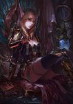  1girl armor blonde_hair book breasts chenbo cleavage cushion elf gauntlets greaves green_eyes highres judgement_armor long_hair looking_at_viewer medium_breasts pointy_ears sitting solo spaulders thigh-highs warcraft world_of_warcraft 