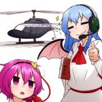  &gt;:) ... 2girls :o =_= aircraft ascot bat_wings blue_hair blush book commentary_request empty_eyes fang hairband headset heart helicopter holding holding_book kameyan komeiji_satori multiple_girls pink_eyes pink_hair remilia_scarlet short_hair simple_background sparkle third_eye thumbs_up touhou translation_request white_background wings 