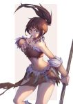  1girl breasts brown_hair jewelry large_breasts league_of_legends long_hair midriff navel nidalee polearm ponytail solo thieu_quang_duc tribal weapon yellow_eyes 
