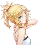  1girl bangs bare_arms bare_shoulders blonde_hair camisole fate/apocrypha fate_(series) from_side green_eyes hair_ornament hair_scrunchie kengzeta looking_at_viewer looking_to_the_side parted_bangs parted_lips ponytail saber_of_red scrunchie sidelocks solo upper_body 