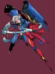  1girl adapted_costume arrow blue_eyes bow_(weapon) braided_ponytail breasts drawing_bow foreshortening grey_hair highres long_hair maroon_background mecha_musume mechanization midriff navel_cutout red_cross robot_joints simple_background solo toriburi touhou weapon yagokoro_eirin 
