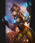  1girl artist_name bodysuit breasts brown_hair character_name contrapposto dual_wielding goggles gun handgun highres jacket large_breasts leather leather_jacket lips looking_at_viewer orange_bodysuit overwatch pistol rattish short_hair skin_tight smile spiky_hair standing tracer_(overwatch) union_jack weapon 