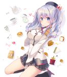  1girl beret blue_eyes bread breasts covering covering_crotch cream croissant cup epaulettes food hand_on_own_chest hat kantai_collection kashima_(kantai_collection) large_breasts long_hair looking_at_viewer macaron military military_uniform miniskirt pancake pleated_skirt sandwich silver_hair skirt smile solo spoon takei_ooki teacup teapot tsurime twintails uniform waffle wavy_hair 