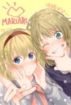  2girls alice_margatroid aqua_eyes arm_around_shoulder blonde_hair blouse blue_eyes blush dutch_angle grin hairband hand_on_own_chin hands_on_own_cheeks hands_on_own_face heart kirisame_marisa meiji_(charisma_serve) multiple_girls neck_ribbon one_eye_closed portrait ribbon short_hair smile star touhou v vest 