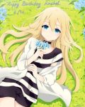  1girl blonde_hair blue_eyes blue_flower breasts character_name choker cricriz dated dress flower from_above grass hand_on_own_chest happy_birthday holding holding_flower jacket long_hair lying off-shoulder_jacket on_back on_grass on_ground rachel_gardner satsuriku_no_tenshi small_breasts smile solo striped striped_dress 