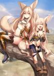  2girls absurdres animal_ears asymmetrical_clothes bare_shoulders blonde_hair blush breasts closed_eyes detached_sleeves elbow_gloves fox_ears fox_tail gloves haik highres long_hair looking_at_viewer medium_breasts multiple_girls navel open_mouth original shorts sitting small_breasts smile tail thigh-highs under_boob yellow_eyes 