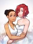  2girls black_hair blue_eyes dark_skin dress hair_bun halterneck highres idk-kun lips mila_babicheva multiple_girls redhead sara_crispino smile strapless strapless_dress twitter_username violet_eyes white_dress yuri!!!_on_ice 