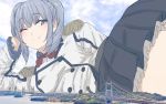  1girl bridge giantess kantai_collection kashima_(kantai_collection) military_jacket one_eye_closed silver_hair uru_(uru0000) 