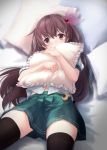  black_legwear blush brown_hair chamu_(chammkue) green_skirt hair_ornament kantai_collection kisaragi_(kantai_collection) long_hair lying neckerchief on_bed pillow pleated_skirt ribbon school_uniform serafuku shirt short_sleeves skirt thigh-highs violet_eyes white_shirt 