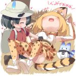  +++ 2girls :d animal_ears backpack bag belly_rub black_gloves black_hair blonde_hair blush bow bowtie bucket_hat commentary_request elbow_gloves gloves hat hat_feather heart high-waist_skirt highres kaban_(kemono_friends) kemono_friends lucky_beast_(kemono_friends) lying makuran multiple_girls on_back on_ground open_mouth print_bowtie print_legwear print_skirt red_shirt serval_(kemono_friends) serval_ears serval_print serval_tail shirt short_hair skirt sleeveless sleeveless_shirt smile striped_tail tail thigh-highs 