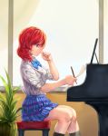  1girl absurdres bench blue_bow blue_bowtie blue_skirt bow bowtie highres holding holding_paper holding_pencil instrument looking_down love_live! love_live!_school_idol_project nishikino_maki paper pencil piano plaid plaid_skirt redhead short_hair sitting skirt smile solo violet_eyes yohan1754 