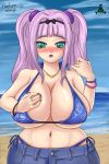  beach bikini blue_bikini breasts curvy green_eyes highres huge_breasts kara_(yatzyel_oc) nail_polish original pink_hair self_upload swimsuit yatzyel 