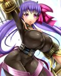  1girl bare_shoulders bodysuit bow breasts fate/extra fate/extra_ccc fate_(series) hair_bow highres huge_breasts looking_at_viewer parted_lips passion_lip purple_hair sakuama solo thighs violet_eyes 