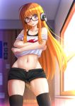  1girl bangs bare_shoulders black-framed_eyewear blunt_bangs blush collarbone embarrassed fingernails glasses grin headphones highres indoors kazenokaze long_hair looking_at_viewer looking_to_the_side navel off_shoulder orange_hair persona persona_5 print_shirt round_glasses sakura_futaba shirt shorts smile solo stomach tank_top violet_eyes 