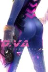  1girl 2016 ass bodysuit character_name copyright_name d.va_(overwatch) dated from_behind gloves gun handgun holding holding_gun holding_weapon overwatch pilot_suit shan_zhui simple_background skin_tight solo weapon white_background white_gloves 