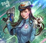  1girl abstract_background alternate_costume animal_print backlighting bangs blue_shirt breast_pocket breasts brown_eyes brown_hair bunny_print charm_(object) collared_shirt cuffs d.va_(overwatch) facepaint facial_mark female_service_cap finger_on_trigger glint gloves green_background gun handcuffs handgun holding holding_gun holding_weapon light_particles light_rays lips long_hair long_sleeves looking_at_viewer necktie nose officer_d.va overwatch patch pink_lips pistol pocket shirt signature small_breasts smile solo striped striped_necktie swept_bangs ttaji_(pass35) upper_body weapon whisker_markings white_gloves 