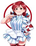  1girl :d apron blue_bow blue_eyes blush bow braid breasts deviantart_username dress girutea hair_bow hand_on_hip lipstick looking_at_viewer makeup medium_breasts open_mouth pinstripe_pattern puffy_short_sleeves puffy_sleeves red_eyes red_lipstick redhead short_sleeves simple_background smile smug solo standing striped striped_legwear twin_braids twintails wendy&#039;s wendy_(wendy&#039;s) white_background 