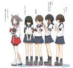  5girls :d :o ^_^ ^o^ ankle_boots bag bangs black_boots black_hair black_skirt blunt_bangs blush boots bow bowing brown_eyes brown_hair cassandra_(seishun_katsu_sando) closed_eyes commentary_request eyebrows_visible_through_hair flying_sweatdrops fubuki_(kantai_collection) full_body geta hair_ribbon handbag hatsuyuki_(kantai_collection) headband japanese_clothes kantai_collection kimono long_hair long_sleeves low_ponytail miyuki_(kantai_collection) multiple_girls muneate no_legwear open_mouth pleated_skirt ponytail profile ribbon sailor_collar school_uniform serafuku shirayuki_(kantai_collection) short_hair simple_background sketch skirt smile socks standing sweat tabi translated v_arms walking white_background white_kimono white_legwear wide_sleeves zuihou_(kantai_collection) 