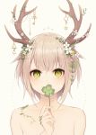  1girl antlers bangs blonde_hair blush clover collarbone commentary_request covering_mouth eyebrows_visible_through_hair eyelashes flower four-leaf_clover green_eyes hair_flower hair_ornament highres holding jewelry key looking_at_viewer muryou nude original plant shiny shiny_hair short_hair solo tsurime upper_body x_hair_ornament 