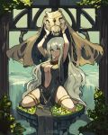  1girl arms_up artist_name bracelet breasts cleavage cleavage_cutout commentary_request grass grey_hair hair_between_eyes holding_skull jewelry kneeling lansane long_hair looking_at_viewer medium_breasts navel original pelvic_curtain robe skull smile solo tan thigh_strap water wide_sleeves yellow_eyes 