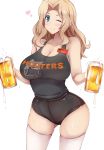  10s 1girl :d alcohol beer beer_mug black_shirt black_shorts blonde_hair blue_eyes breasts character_name cleavage closed_mouth clothes_writing cowboy_shot curvy employee_uniform girls_und_panzer heart hooters huge_breasts kay_(girls_und_panzer) long_hair name_tag one_eye_closed open_mouth shirt short_shorts shorts simple_background skin_tight smile solo tank_top thigh-highs uniform waitress white_background white_legwear yuzumiya_mono 