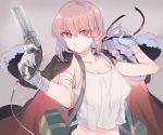  1girl bag bandaged_arm braid breasts cleavage collarbone cow_(shadow) eyes fate/grand_order fate_(series) florence_nightingale_(fate/grand_order) fur_trim glint gloves gun hair_ribbon handgun jacket_on_shoulders large_breasts long_hair midriff pink_eyes pink_hair ribbon shoulder_bag simple_background single_braid solo strap_slip tank_top weapon white_gloves white_pupils 