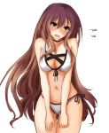  1girl absurdres amagi_(amagi626) bare_shoulders bikini blush breast_squeeze breasts brown_hair cleavage cowboy_shot embarrassed highres hijiri_byakuren large_breasts long_hair midriff navel open_mouth side-tie_bikini simple_background solo sweatdrop swimsuit touhou wavy_mouth white_background white_bikini yellow_eyes 