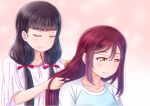  2girls alternate_hairstyle bangs blunt_bangs blush brown_eyes brown_hair closed_eyes closed_mouth eyebrows_visible_through_hair hair_between_eyes hair_brush hair_brushing hair_over_shoulder hair_ribbon hand_in_another&#039;s_hair highres kurosawa_dia love_live! love_live!_sunshine!! low_twintails mole mole_under_mouth multiple_girls naato_(naht) pink_background red_ribbon redhead ribbon sakurauchi_riko shirt smile twintails upper_body 