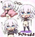  1girl ? assassin_of_black black_gloves blue_eyes blush breath chibi elbow_gloves eyebrows_visible_through_hair fate/grand_order fate_(series) gloves holding holding_knife jako_(jakoo21) knife looking_at_viewer navel open_mouth short_hair smile solo stitched text translation_request white_hair 