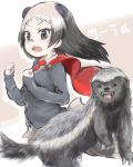  1girl animal animal_ears artist_name bandaid bandaid_on_nose black_eyes black_hair cape character_name fangs kemono_friends long_hair multicolored_hair necktie open_mouth ratel ratel_(kemono_friends) solo tatu_nw two-tone_hair upper_body white_hair 