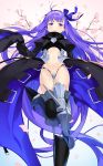  1girl armor blush boots cherry_blossoms crotch_plate fate/extra fate/extra_ccc fate_(series) hair_ribbon long_hair looking_at_viewer meltlilith nanotaro navel petals purple_hair revealing_clothes ribbon smile solo thigh-highs very_long_hair violet_eyes 