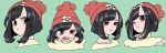  &gt;:( 1girl 3; aqua_background bangs beanie black_eyes black_hair blush bob_cut collarbone d: d:&lt; expressions eyebrows_visible_through_hair eyes_visible_through_hair female_protagonist_(pokemon_sm) frown hat highres looking_away looking_down minapo moon_(pokemon) multiple_views one_eye_closed open_mouth poke_ball_theme pokemon pokemon_special red_hat shirt short_hair short_sleeves simple_background sweat swept_bangs tank_top teeth tongue undershirt upper_body white_shirt yellow_shirt 