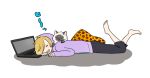  1boy animal_print barefoot blonde_hair cat closed_eyes computer hair_over_one_eye hood hoodie laptop leopard_print lying male_focus muuchin on_stomach open_mouth pillow smile yuri!!!_on_ice yuri_plisetsky 