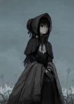  1girl akemi_homura black_bow black_hair bloodborne bonnet bow capelet closed_mouth commentary_request cosplay flower grey_sky hands_together long_hair looking_at_viewer mahou_shoujo_madoka_magica pale_skin plain_doll plain_doll_(cosplay) silverxp sketch skirt solo standing tagme violet_eyes 