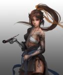  1girl absurdres arm_tattoo artist_request asymmetrical_clothes bare_shoulders black_hair black_legwear black_panties blue_ribbon breasts brown_eyes collarbone contrapposto cowboy_shot dragon_tattoo eyelashes genderswap genderswap_(mtf) gradient gradient_background hair_ribbon hanzo_(overwatch) high_ponytail highres holding holding_pipe japanese_clothes lips long_hair looking_at_viewer mechanical_arm medium_breasts one_breast_out overwatch panties pipe ponytail ribbon sarashi sash side-tie_panties side_slit solo tattoo thigh-highs underwear yellow_ribbon 