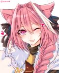  1boy blush braid fang fate/apocrypha fate_(series) hair_over_shoulder hair_ribbon long_hair looking_at_viewer male_focus one_eye_closed open_mouth pink_hair ribbon rider_of_black shisei_(kyuushoku_banchou) single_braid smile solo trap twitter_username violet_eyes 