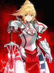  1girl armor blonde_hair breastplate clarent fate/apocrypha fate/grand_order fate_(series) faulds gauntlets green_eyes grin highres izumo_(ton_63) long_hair looking_at_viewer pauldrons pelvic_curtain ponytail saber_of_red smile solo sword weapon 