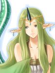  1girl bare_shoulders breasts cleavage dragon_tail fire_emblem fire_emblem_echoes:_mou_hitori_no_eiyuuou green_eyes green_hair highres horn komugikomix long_hair medium_breasts mila_(fire_emblem) pointy_ears portrait simple_background smile solo tail tiara upper_body very_long_hair white_background 