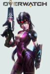  1girl bodysuit breasts center_opening gun head_mounted_display heri_irawan highres lips long_hair medium_breasts overwatch pink_bodysuit ponytail purple_hair purple_skin realistic rifle sniper_rifle solo weapon widowmaker_(overwatch) yellow_eyes yellow_sclera 