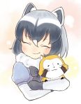  1girl :3 animal animal_ears black_hair blush closed_eyes closed_mouth common_raccoon_(kemono_friends) fang_out fennec_fox hug hug_from_behind kemono_friends puffy_short_sleeves puffy_sleeves raccoon_ears sarada_doraivu short_sleeves silver_hair smile upper_body white_hair 
