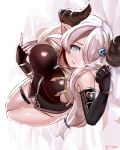  1girl bare_shoulders black_gloves blue_eyes breasts fingerless_gloves gloves granblue_fantasy hair_over_one_eye heart heart-shaped_pupils horns large_breasts lavender_hair long_hair looking_at_viewer narumeia_(granblue_fantasy) parted_lips pointy_ears razu_(rus) signature smile solo symbol-shaped_pupils 