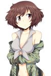  10s 1girl akiyama_yukari bangs breasts brown_eyes brown_hair camouflage camouflage_jacket chata_maru_(irori_sabou) cleavage front-tie_bikini front-tie_top girls_und_panzer green_jacket grey_bikini highres jacket long_sleeves medium_breasts messy_hair no_pants open_clothes open_jacket parted_lips short_hair simple_background solo standing upper_body white_background 