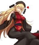  1girl absurdres amagi_(amagi626) blonde_hair blush breasts hand_to_own_mouth hat heart highres junko_(touhou) licking_lips long_hair looking_at_viewer one_eye_closed pom_pom_(clothes) red_eyes robe saliva sash simple_background sketch solo spoken_heart tabard tongue tongue_out touhou white_background wide_sleeves 