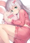  1girl bangs blue_eyes blush bow eromanga_sensei eyebrows_visible_through_hair fetal_position hair_bow highres hug izumi_sagiri long_hair looking_at_viewer lying nanashina object_hug on_side open_mouth pajamas pink_bow silver_hair simple_background solo stuffed_animal stuffed_bunny stuffed_toy white_background 