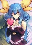  1girl alternate_costume blue_hair blush breasts cubehero detached_collar detached_sleeves dizzy guilty_gear hair_between_eyes hair_ribbon heart large_breasts long_hair mismatched_wings red_eyes ribbon solo wings 
