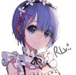  1girl artist_name blue_eyes blue_hair blush breasts cleavage eyebrows_visible_through_hair hwayoung large_breasts looking_at_viewer re:zero_kara_hajimeru_isekai_seikatsu rem_(re:zero) smile solo 