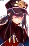  1girl black_hair cape crying crying_with_eyes_open demon_archer fate_(series) hair_between_eyes hat highres koha-ace long_hair looking_at_viewer military military_uniform red_eyes shisei_(kyuushoku_banchou) solo tears twitter_username uniform 