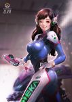  1girl ;d absurdres acronym arm_cannon artist_name ass bangs bodysuit boots bracer breasts brown_eyes brown_hair character_name charm_(object) clothes_writing copyright_name cowboy_shot d.va_(overwatch) emblem facepaint facial_mark finger_on_trigger from_side gatling_gun gloves gun hand_on_hip handgun headphones highres holding holding_gun holding_weapon large_breasts legs_apart lips lipstick logo long_hair long_sleeves looking_at_viewer makeup mecha meka_(overwatch) one_eye_closed open_mouth overwatch pauldrons pilot_suit pink_lips pink_lipstick ribbed_bodysuit sang-hun_in shiny shiny_clothes shoulder_pads signature skin_tight smile solo thigh-highs thigh_boots thigh_strap turtleneck weapon whisker_markings white_gloves 